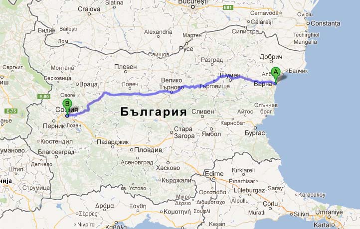 Схема маршрута Варна-София